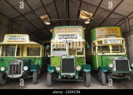 England, West Sussex, Arundel, Amberley Museum and Heritage Centre, Vintage Southdown Transport Company Green Buses Stock Photo