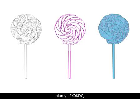 Three lollipops of different colors red, blue, and white are placed on a plain white background. The lollipops are standing upright, showcasing their vibrant and contrasting hues Stock Vector