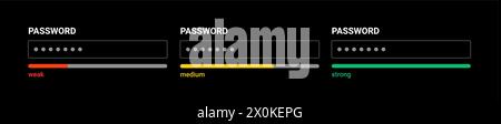 Password form template strong weak box. Password computer account screen code vector interface. Stock Vector