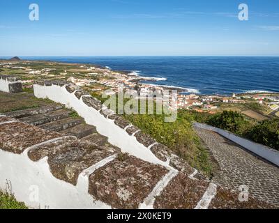 Panorama, Azores, island of Graciosa, Portugal, coastal community, seaside community, town of Santa Cruz de Graciosa, view from Hermitage of Nossa Senhora da Ajuda, Atlantic Ocean archipelago Stock Photo