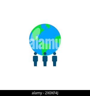 Teamwork and global business concept. Three figures support a colorful Earth, international collaboration Stock Vector