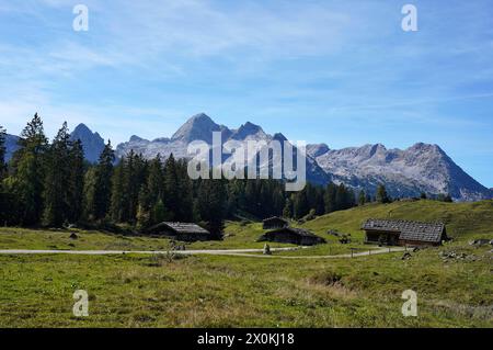 Austria, Salzburg province, Pinzgau, Weißbach bei Lofer, Naturpark Weißbach, Kallbrunnalm, Leoganger Steinberge, Alpine huts Stock Photo