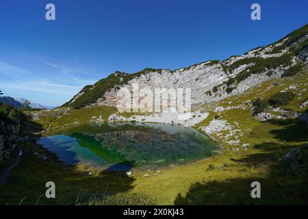 Austria, Salzburg province, Pinzgau, Weißbach bei Lofer, Kallbrunnalm, mountain hike to the Seehorn, Seehornsee lake Stock Photo