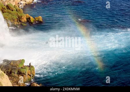 Man fishing at Düden waterfall, Lara, Antalya, Antalya province, Turkey, Asia Stock Photo