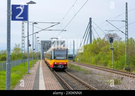 Germany, Baden-Württemberg, Karlsruhe, passenger train near the Rhine bridge. Stock Photo