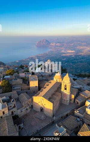 Aerial view of the church of San Giuliano of Erice towards Monte Cofano. Erice, Trapani district, Sicily, Italy. Stock Photo