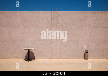 Wall, Table, Ashtray, Concrete, Concrete wall, Abandoned, Empty, Crete, Island, Greece Stock Photo