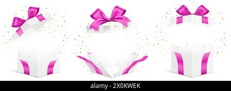Vector set of white gift boxes with pink ribbons and exploded colorful confetti isolated on a white background. Unfolded surprise giftbox, vector illustration. Stock Vector