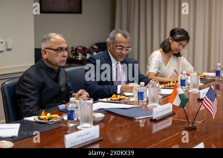 Deputy Secretary of Defense Kathleen H. Hicks hosts Indian Foreign Secretary Vinay Kwatra for a meeting at the Pentagon, Washington, D.C., April 12, 2024.  (DoD photo by Joseph Clark) Stock Photo