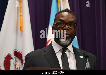 Mayor of Chicago Brandon Johnson attends the news conference and delivers remarks. Chicago Police Department held a news conference to discuss its strategy to address and prevent robberies throughout the City of Chicago in Chicago, Illinois, United States. Stock Photo