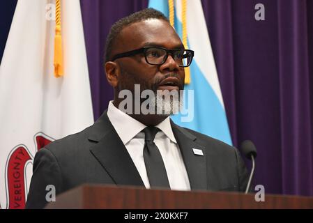 Mayor of Chicago Brandon Johnson attends the news conference and delivers remarks. Chicago Police Department held a news conference to discuss its strategy to address and prevent robberies throughout the City of Chicago in Chicago, Illinois, United States. Stock Photo