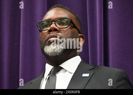 Mayor of Chicago Brandon Johnson attends the news conference and delivers remarks. Chicago Police Department held a news conference to discuss its strategy to address and prevent robberies throughout the City of Chicago in Chicago, Illinois, United States. Stock Photo