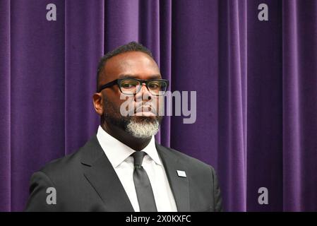 Mayor of Chicago Brandon Johnson attends the news conference and delivers remarks. Chicago Police Department held a news conference to discuss its strategy to address and prevent robberies throughout the City of Chicago in Chicago, Illinois, United States. Stock Photo