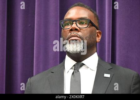 Chicago, United States. 12th Apr, 2024. Mayor of Chicago Brandon Johnson attends the news conference and delivers remarks. Chicago Police Department held a news conference to discuss its strategy to address and prevent robberies throughout the City of Chicago in Chicago, Illinois, United States. (Photo by Kyle Mazza/SOPA Images/Sipa USA) Credit: Sipa USA/Alamy Live News Stock Photo