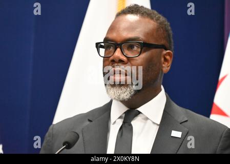 Chicago, USA. 12th Apr, 2024. Mayor of Chicago Brandon Johnson attends the news conference and delivers remarks. Chicago Police Department held a news conference to discuss its strategy to address and prevent robberies throughout the City of Chicago in Chicago, Illinois, United States. (Credit Image: © Kyle Mazza/SOPA Images via ZUMA Press Wire) EDITORIAL USAGE ONLY! Not for Commercial USAGE! Stock Photo