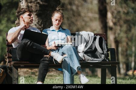 Two students share ideas while studying outdoors in the nature, engaged in education and learning. Stock Photo