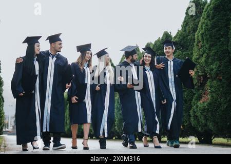 Multiethnic university graduates celebrating their achievement in park. Happy, hugging, sharing happiness in graduation gowns and caps. Stock Photo