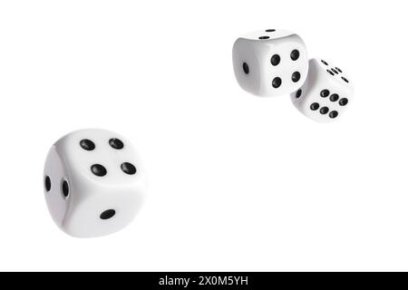Three dice in air on white background Stock Photo