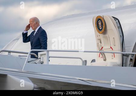 Washington DC, USA. 12th Apr, 2024. U.S. President Joe Biden boards Air Force One on his way to Dover, Delaware from Joint Base Andrews April 12, 2024. Credit: Ken Cedeno/Pool via CNP/dpa/Alamy Live News Stock Photo
