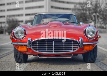Frontal photo of a classic British red car Stock Photo