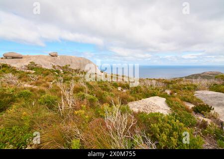 Coastal vegetation and granite rocks near the ocean at Stony Hill, Torndirrup National Park, Albany, Great Southern region, Western Australia. Stock Photo