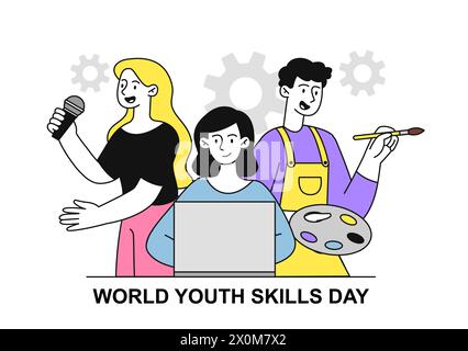 World youth skills day vector linear poster Stock Vector