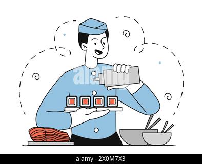 Sushi chef man vector linear Stock Vector