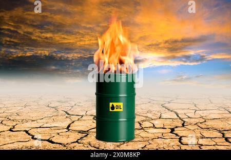 Climate emergency, conceptual composite image. Fossil fuels are made from decomposing plants and animals. Oil is an example of a fossil fuel. These fuels are found in Earth's crust and contain carbon and hydrogen, which can be burned for energy. Fossil fuels are by far the largest contributor to global climate change, accounting for over 75 percent of global greenhouse gas emissions. Stock Photo