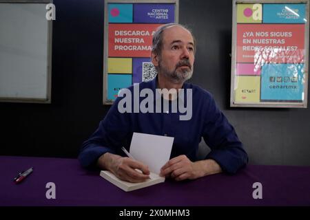 Mexico City, Mexico. 12th Apr, 2024. Juan Villoro is signing books at the National Center for the Arts in Mexico City, on the occasion of announcing his work ''Hotel Nirvana, '' which he wrote under the direction of Antonio Castro. (Photo by Gerardo Vieyra/NurPhoto)0 Credit: NurPhoto SRL/Alamy Live News Stock Photo