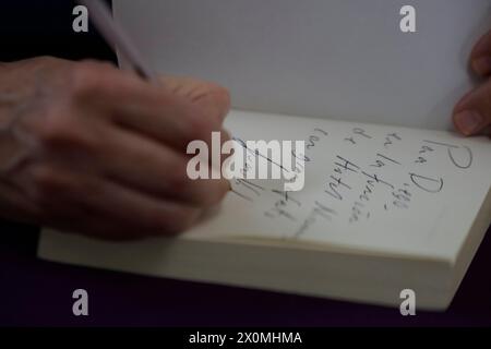 Mexico City, Mexico. 12th Apr, 2024. Juan Villoro is signing books at the National Center for the Arts in Mexico City, on the occasion of announcing his work ''Hotel Nirvana, '' which he wrote under the direction of Antonio Castro. (Photo by Gerardo Vieyra/NurPhoto)0 Credit: NurPhoto SRL/Alamy Live News Stock Photo