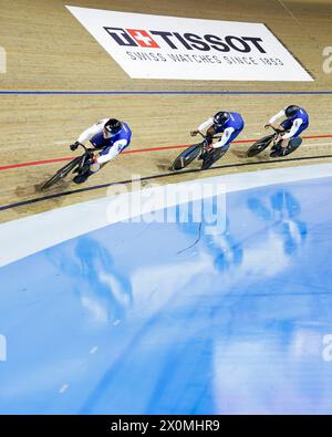 Picture by Alex Whitehead/SWpix.com - 12/04/2024 - Cycling - Tissot UCI Track Nations Cup - Round 3: Milton - Mattamy National Cycling Centre, Milton, Ontario, Canada - Men's Team Sprint First Round - Heat 1 - Sebastien Vigier, Melvin Landerneau and Rayan Helal of France Credit: SWpix/Alamy Live News Stock Photo