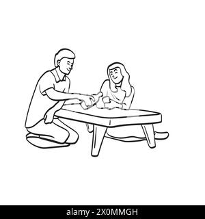 man pouring tea on cup of his girlfriend on small table illustration vector hand drawn isolated on white background Stock Vector