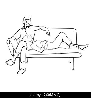 lover couple sitting on sofa together illustration vector hand drawn isolated on white background Stock Vector
