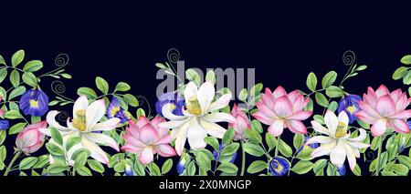 Tropical Asian flowers. Seamless banner with lotus, anchan. Blue clitoria ternatea and pink white waterlilies. Blooming flowers, green leaves. Stock Photo