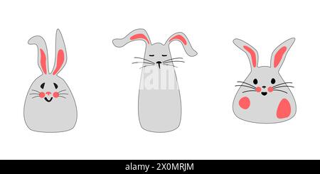 Set of cute gray rabbits with pink ears. Easter bunnies for printing on childrens products, stickers and cards on a white background. Cartoon isolated Vector illustration. Stock Vector