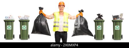 Green waste containers and waste collector holding plastic bags isolated on white background Stock Photo