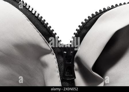 Lock with zipper on clothes on a white background. Black padlock isolate with zipper Stock Photo