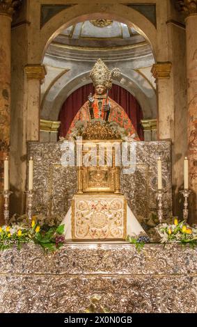 Pamplona, Spain - March 3rd, 2024: San Fermin Patron Saint figure at San Lorenzo Church, Pamplona, Navarra, Spain. Front view Stock Photo