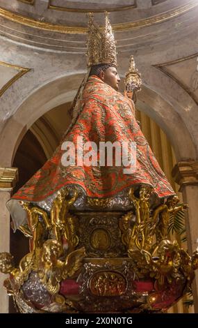 Pamplona, Spain - March 3rd, 2024: San Fermin Patron Saint figure at San Lorenzo Church, Pamplona, Navarra, Spain. Side view Stock Photo