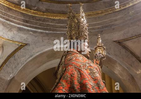 Pamplona, Spain - March 3rd, 2024: San Fermin Patron Saint figure at San Lorenzo Church, Pamplona, Navarra, Spain. Side view Stock Photo