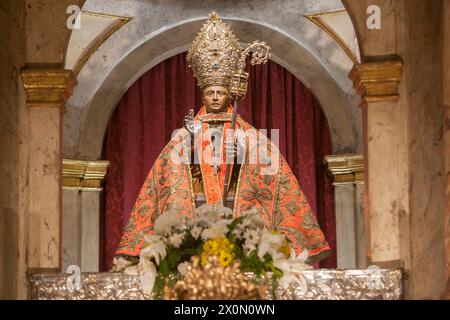 Pamplona, Spain - March 3rd, 2024: San Fermin Patron Saint figure at San Lorenzo Church, Pamplona, Navarra, Spain. Front view Stock Photo