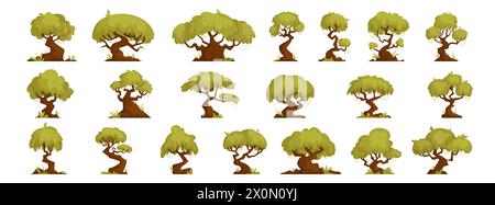 Large Set of forest trees of interesting and twisted shapes, bonsai and oaks, green forest tree of interesting shapes, flat cartoon vector. Stock Vector