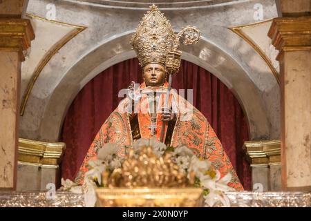 Pamplona, Spain - March 3rd, 2024: San Fermin Patron Saint figure at San Lorenzo Church, Pamplona, Navarra, Spain. Front view Stock Photo