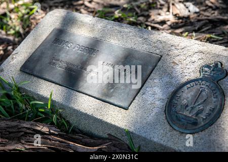 Plaque to HMAS Perth, sunk during World War 2, plaque is at the Royal Australian Navy memorial on Bradleys Head, Mosman in Sydney Harbour National pk Stock Photo