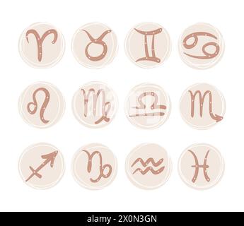 Graphic symbols of the zodiac signs with a design of stars and a thin outline, a set of astrology illustrations, fortune telling, esoteric tattoos. Ha Stock Vector