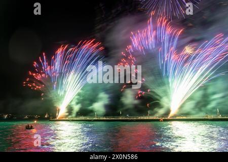 Spectacular fireworks during the annual anniversary of Armata in Spetses island, Greece, the representation of a naval battle in Spetses of 1822. Stock Photo