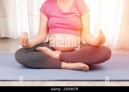 Cropped shot of a pregnant woman doing yoga on an exercise mat at home Stock Photo