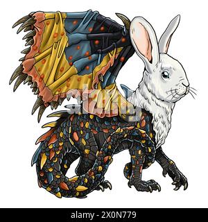 Animal muntant: Dragon with the hare's head. Fantasy creature. Stock Photo