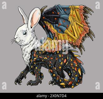 Animal muntant: Dragon with the hare's head. Fantasy creature. Stock Photo