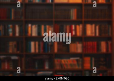 Blurred bookshelf background. Many old books in a bookstore or library. Stock Photo